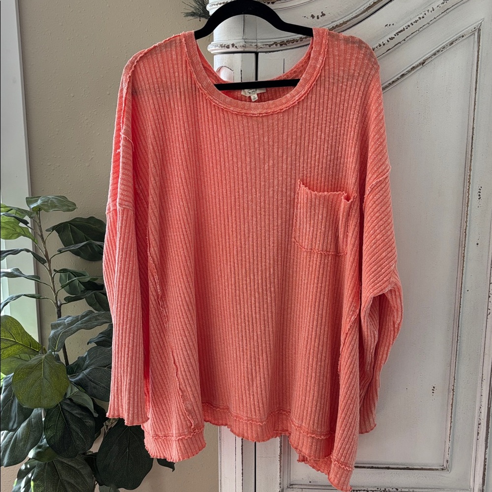 Easel Los Angeles Women’s 1X Oversized Boxy Fit Pinkish Orange Ribbed Pullover